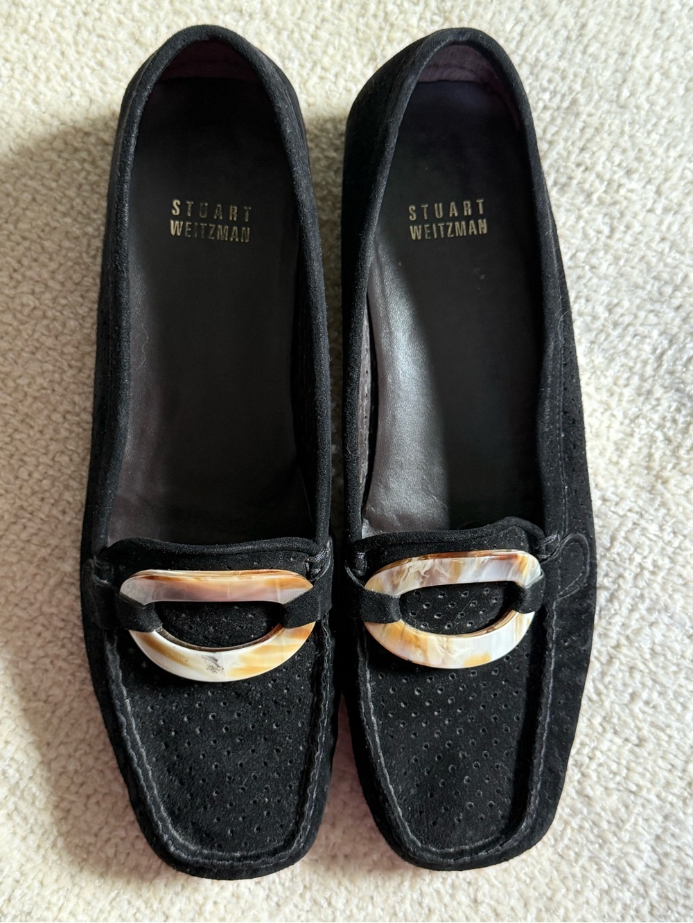 Stuart Weitzman Women’s Size 8 Black Suede Square Toe Loafers Buckle Spain